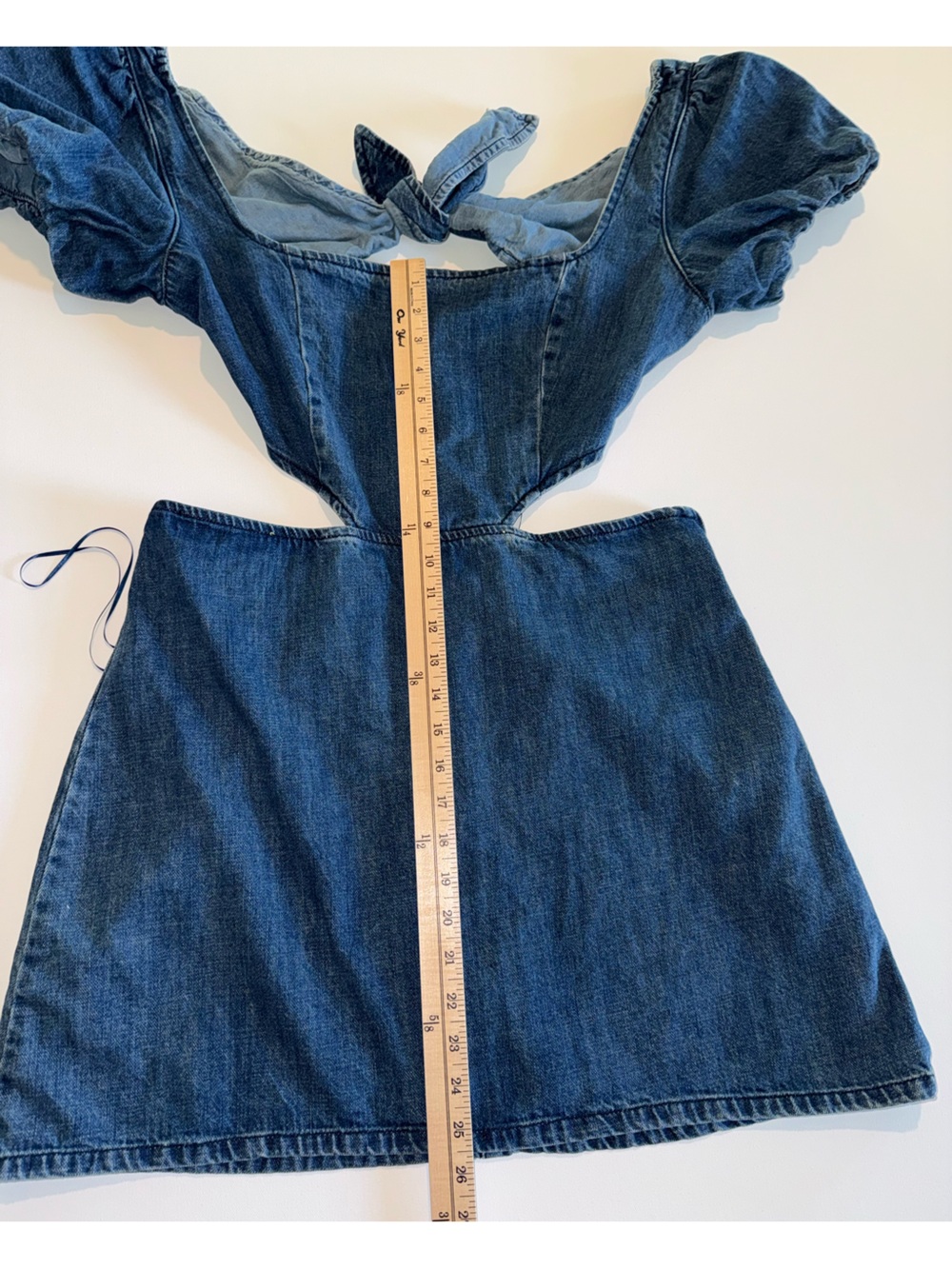 Show Me Your Mumu Denim Cutout Mini Dress Puff Sleeve Tie Back  XL - Picture 4 of 6